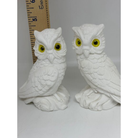 VTG Alabaster White Owl Figurines Yellow Eyes Set of 2 Italy Mid Century 3.5"x4" - Picture 7 of 10